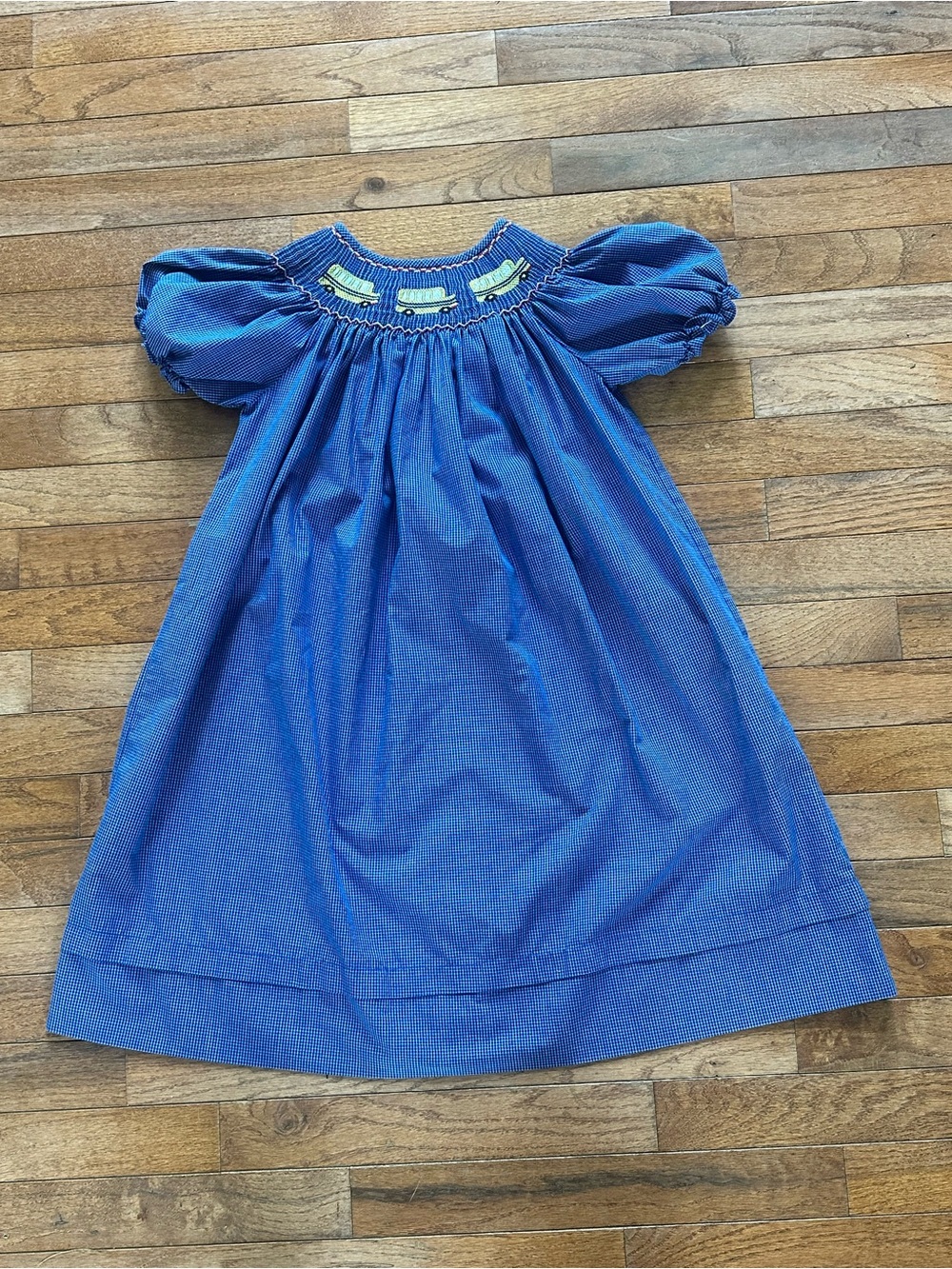 Classics by Anavini Blue Gingham Smocked Bishop Dress School Bus Embroidery 6X